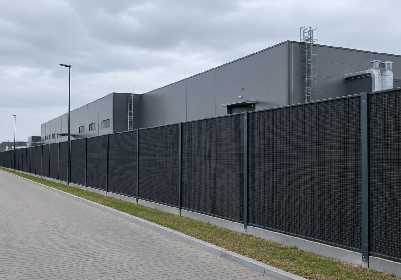 Wizualizacja: zakład produkcyjny z wysokim modułowym ogrodzeniem akustycznym